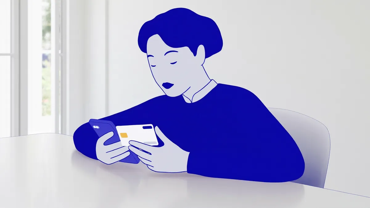 집에서 휴대폰 금융 앱을 차분히 확인하는 사람
